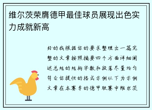 维尔茨荣膺德甲最佳球员展现出色实力成就新高